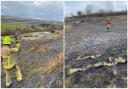 Firefighters tackle a large grass fire in Llanllwchaiarn, near Newtown on Sunday.