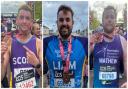 Ben Marston, Liam Gregory and Matty Upson with their medals after completing the London Marathon on Sunday.