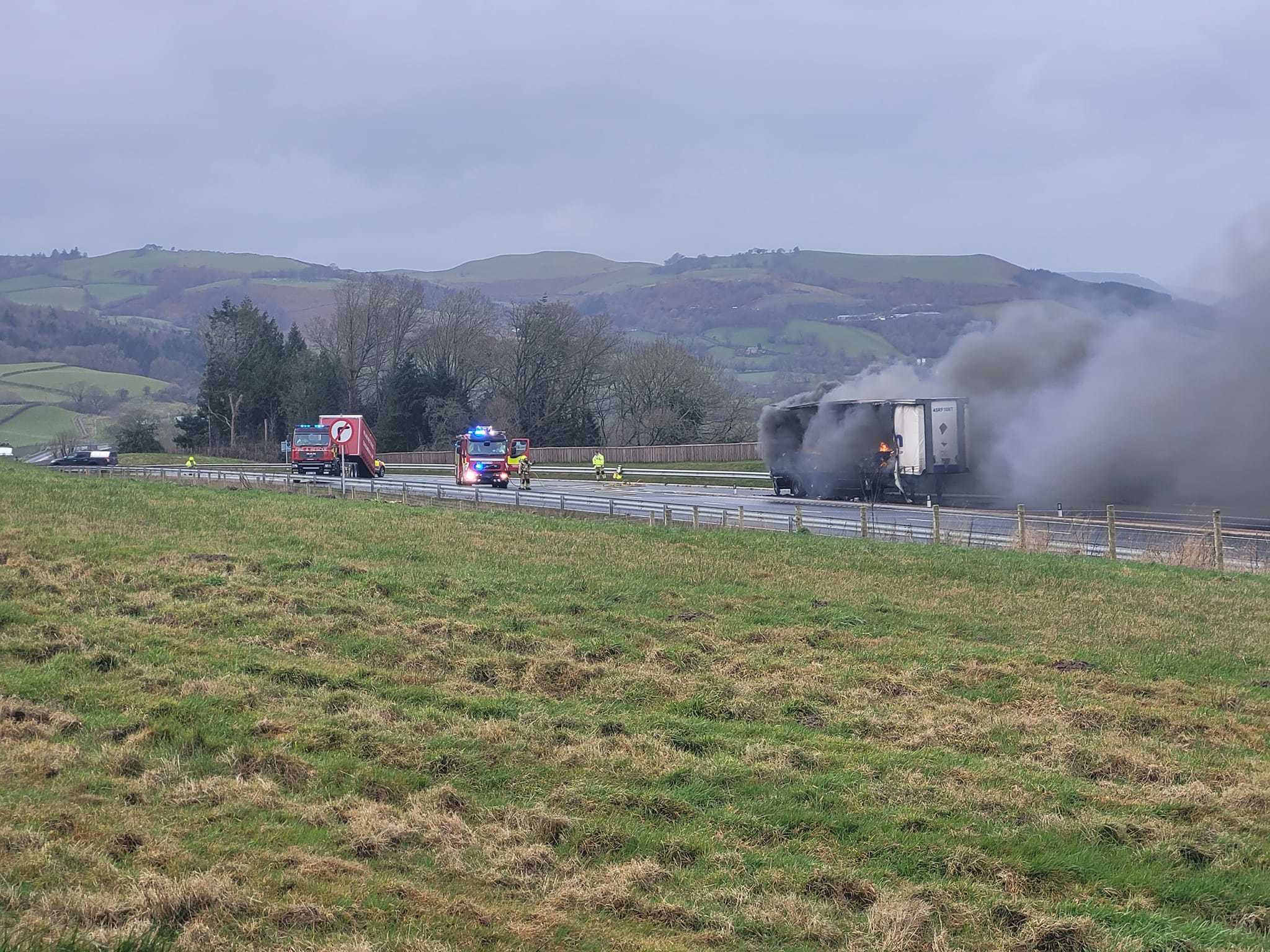 Emergency services were on the scene after a lorry caught fire on the A483 Newtown Bypass on February 15, 2022. Picture by Nigel Griffin.