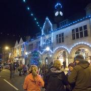 Crowds gather at the Christmas Light switch-on outside Llanidloes Town Hall.