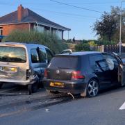 The hit and run incident occured in Penybont, with the driver of the black VW Golf colliding with a parked car and then fleeing the scene on foot. Picture by William Parsons
