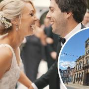Newlyweds and Welshpool Town Hall.