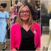 Prime Minister' wife Akshata Murty (left) and the Princess of Wales' sister Pippa Middleton (right) wore outfits designed by Meifod fashion designer Claire Mischevani. British Empire Medallist Violet McLellan inside Westminster Abbey