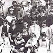 Llanidloes Primary School pupils upon a visit to Llys Maldwyn Hospital in Caersws in 1982.