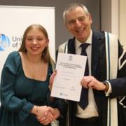 Francesca Corstorphine receiving her certificate from Professor David Green CBE DL, the University of Worcester’s Vice Chancellor and Chief Executive.