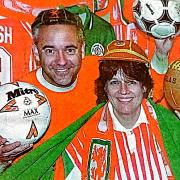 Eva Bresdorff of Welshpool's then Powysland Museum with Welsh FA historian Ceri Stennett ahead of a Welsh football exhibition in 1999.f