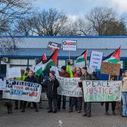 Around 20 local people held banners, placards and Palestinian flags in a peaceful demonstration at Teledyne Labtech Ltd in Presteigne on Wednesday, March 6.