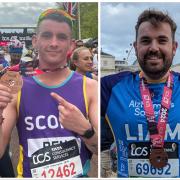 Ben Marston, Liam Gregory and Matty Upson with their medals after completing the London Marathon on Sunday.