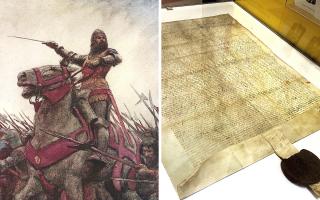 A copy of the Pennal Letter held at the Parliament House in Machynlleth (Photo: Siriol Griffiths). A painting of Owain Glyndŵr by Arthur Cadwgan Michael.