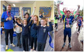 Welshpool Church in Wales Primary School teacher Liam Gregory celebrated finishing the London Marathon with his Year 3 and 4 class.