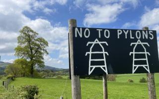 'No To Pylons' banners and signs adorn Powys roadsides, including this one outside Cilmery.