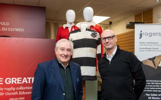 Ben Rogers Jones & Sir Gareth Edwards with the famous 1973 Barbarians jersey which sold in February this year for £240,000