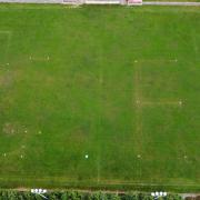 Rhayader Town's tribute to chairman Gareth Earp at their Weirglodd home this week. The initials 'GE' were mown into the pitch by first team manager Liam Addison, who then dotted footballs around the mown grass