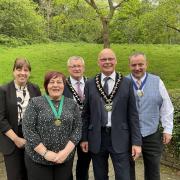 Emma Palmer, Chief Executive; Cllr Beverley Baynham, outgoing Chair; Cllr William Powell, Vice Chair; Cllr Jonathan Wilkinson, the new Chair of Powys County Council; and Cllr Geoff Morgan, Assistant Vice Chair.