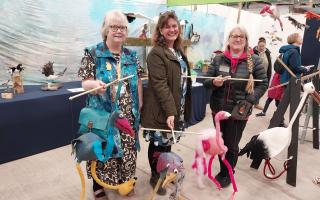 Janna Turner (centre) with Alex Johnstone (left) and Deborah Taylor Dyer with bird marionettes on the Flock2Flight display.