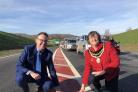 of Russell George AM and the Mayor of Newtown, Cllr. Sue Newham, just before the ribbon was cut allowing the workers who built the bypass to be the first vehicles onto the new Newtown Bypass.
