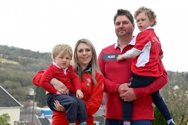 Sing for Wales. The Evans family are encouraging everyone to sing for Wales on April 13th to help get through the Coronavirus pandemic L-R Finley 3, Sarah, Scott and Harrison www.christinsleyphotography.co.uk