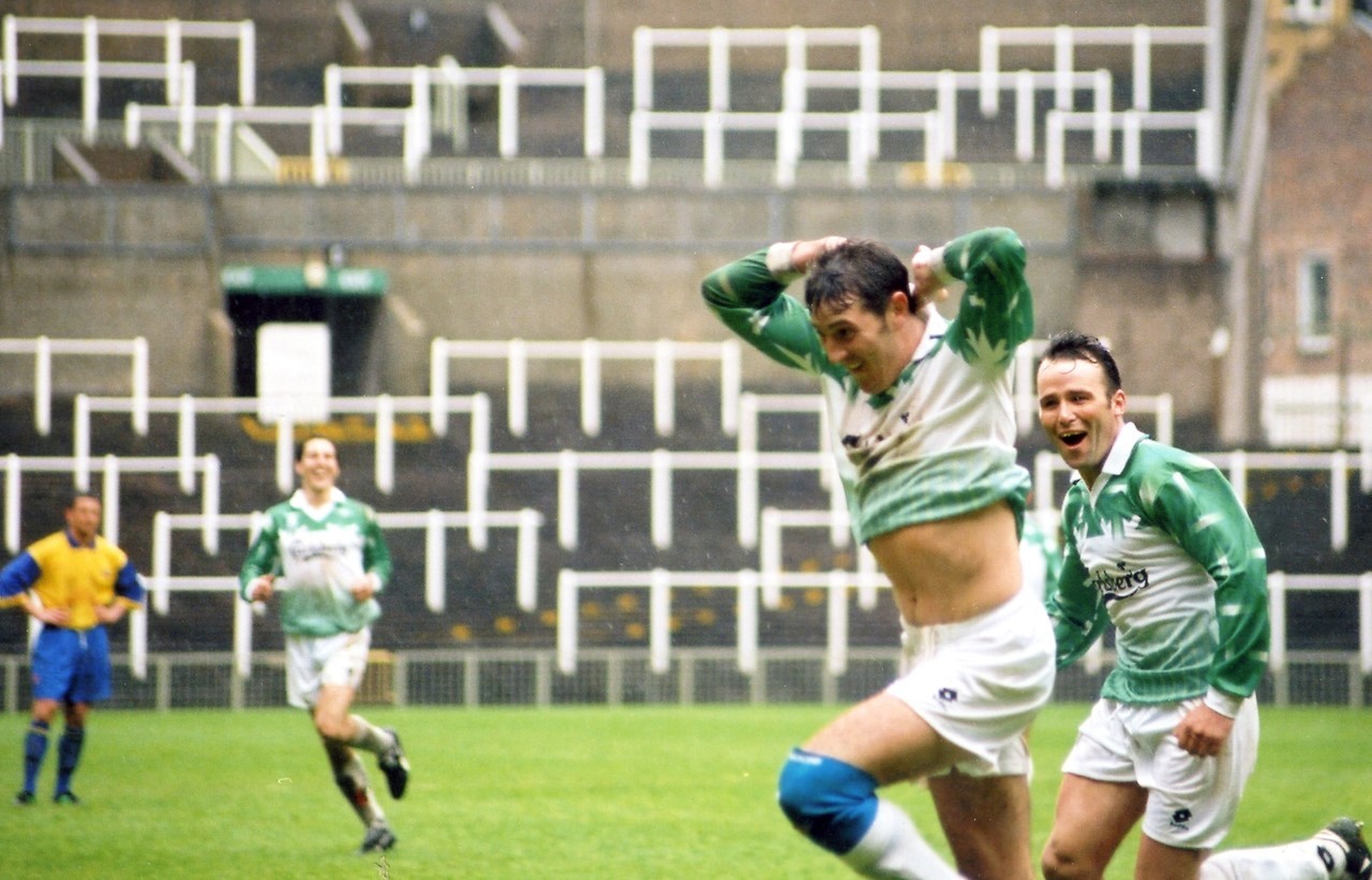 Celebrations after Chris Whelans goal for Llansantffraid in the 1996 Welsh Cup Final.