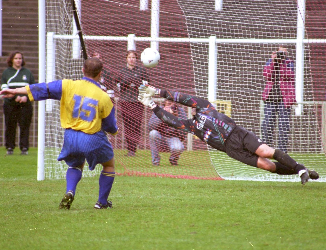 Llansantffraid goalkeeper Andy Mulliner makes a crucial save in the 1996 Welsh Cup Final.
