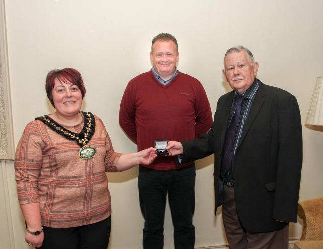 Ernie Husson (r), pictured with Councillor Beverley Baynham and Councillor Jon Williams.
