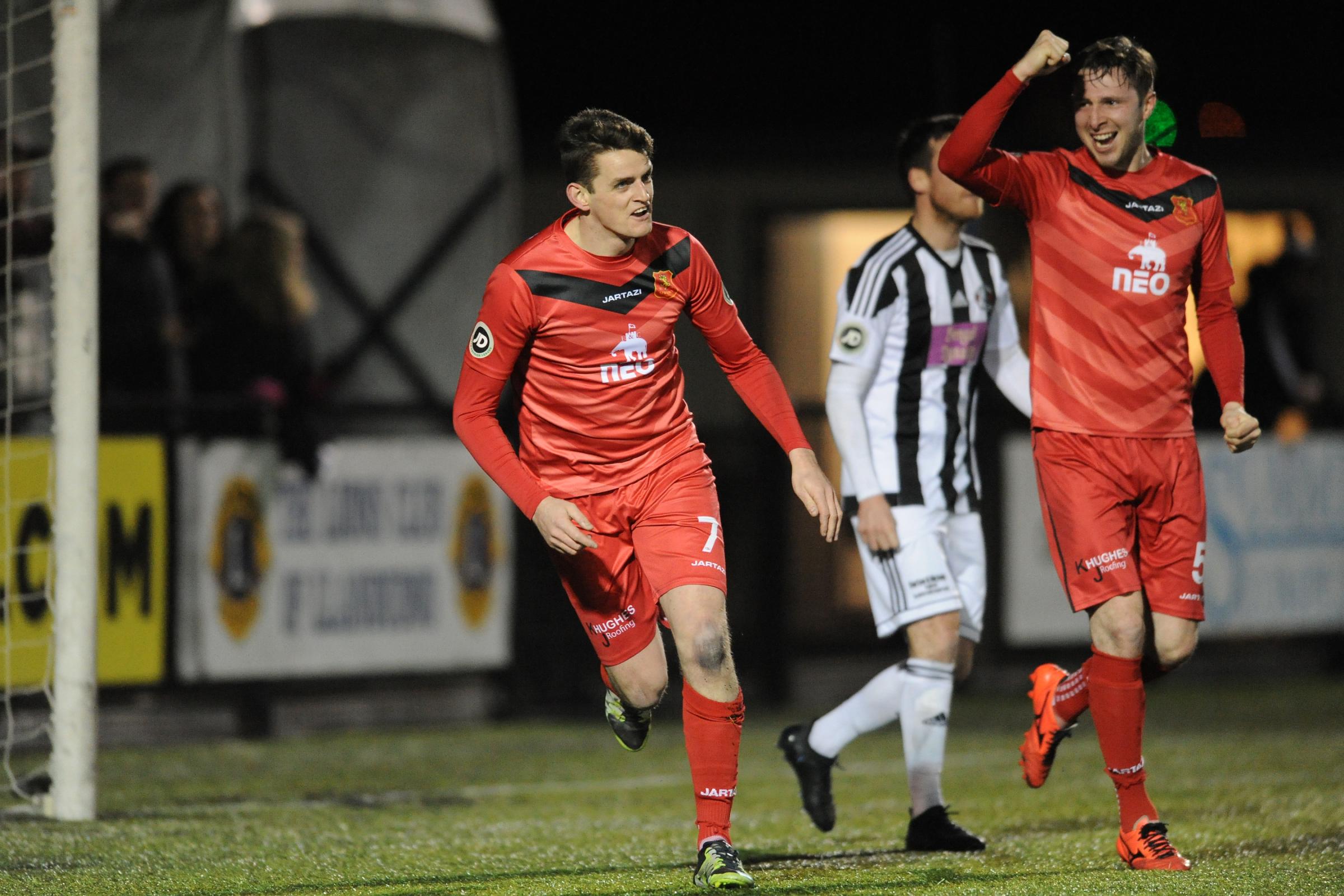 6/3/2018 - GOAL. Neil Mitchell of Newtown celebrates with Kieran Mills Evans after he scores to make it 1-0 during the JD Welsh Cup fixture between Llandudno and Newtown at Giant Hospitality Stadium, Maesdu Park, Llandudno...Pic: Mike Sheridan/County Time