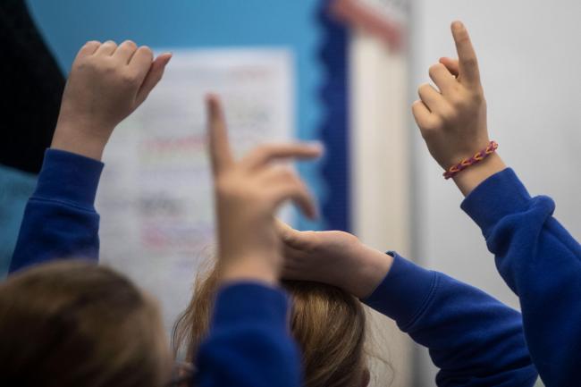Children raising their hands in class