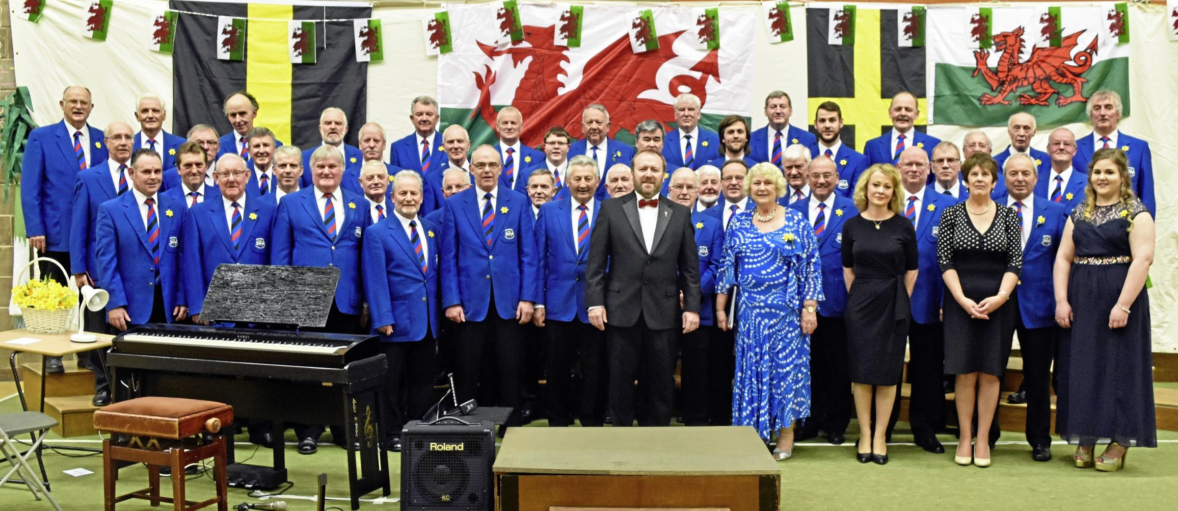 Builth Male Voice Choir at the St Davids Day concert with, front from left, Gwynedd Parry, Luned Jones, Meinir Jones Parry, Ann Bufton and Morgan-Ellen Field in 2017.