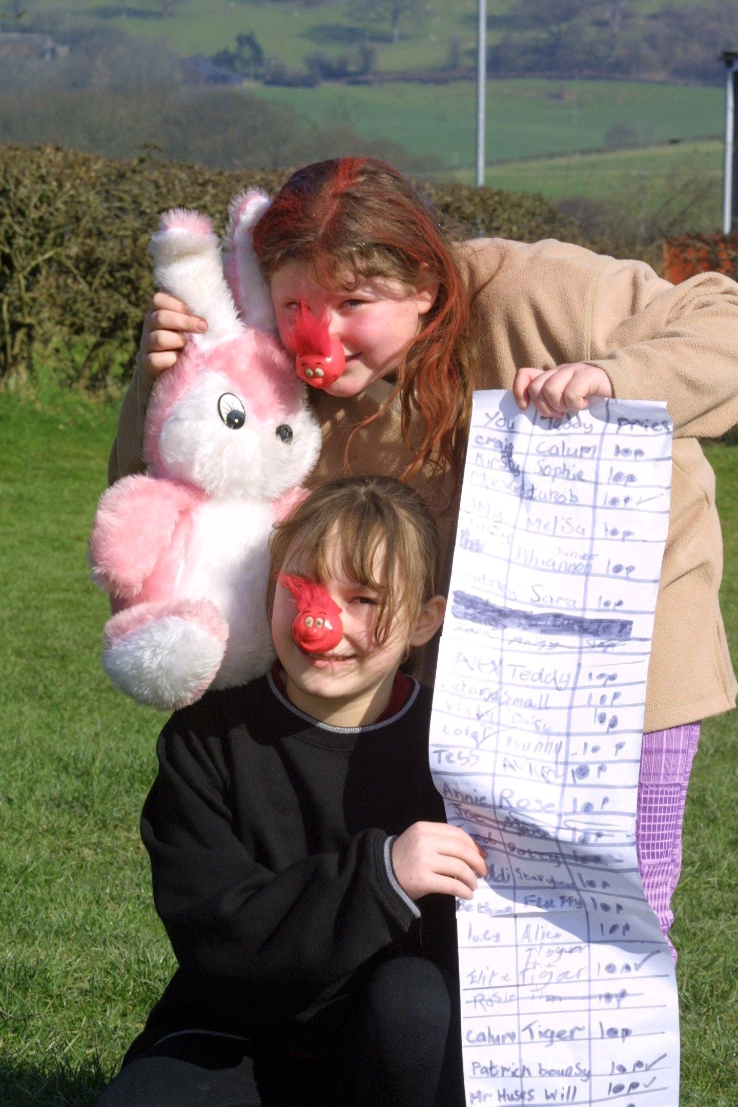 Castle Caereinion Primary School. Children at the school have been raising money for Red Nose day. pic is Rhiannon Gunter (10) top, and Laura Messenger (10) with guess the name of the bunny.