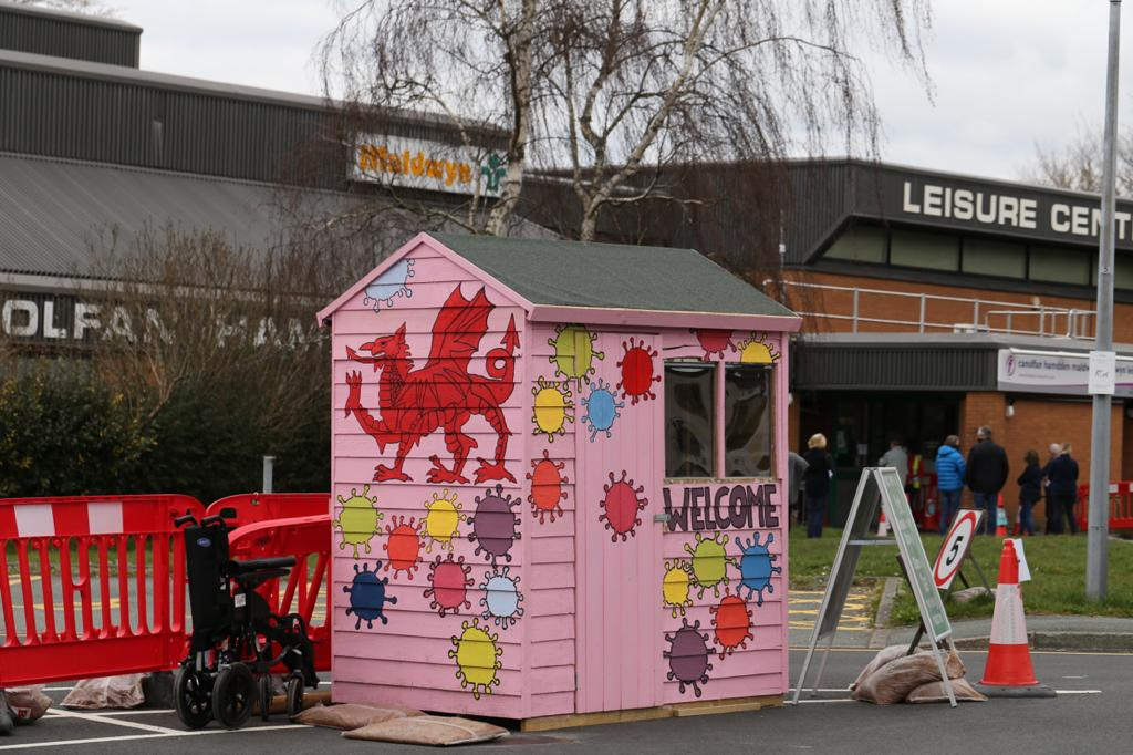 The shed at the Newtown Mass Vaccination Centre which has been decorated by volunteers.