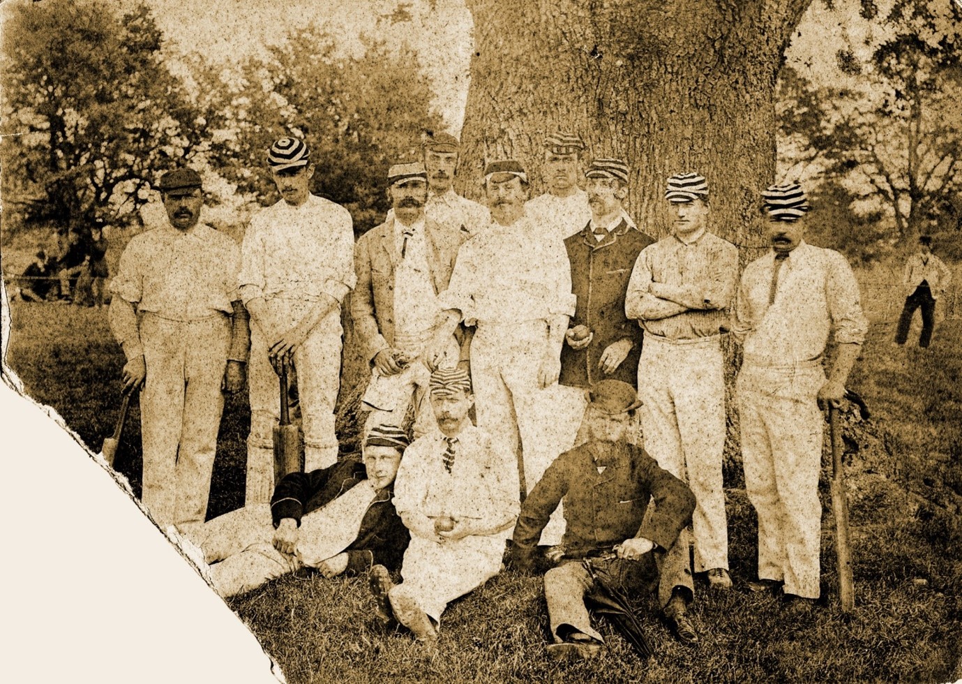 The United XI of England. Harry Jupp, the first Englishman to face a ball in test cricket, is standing on the right, and W.G. Grace’s cousin Walter Gilbert is standing in the centre.