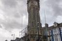 Scaffolding around the Machynlleth clocktower.