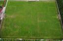 Rhayader Town's tribute to chairman Gareth Earp at their Weirglodd home this week. The initials 'GE' were mown into the pitch by first team manager Liam Addison, who then dotted footballs around the mown grass