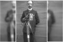 John Tomley c. 1906, taking one of the first selfies in Montgomery by testing the camera he bought to record local events for Montgomery Town Council and Montgomeryshire County Council, including taking photos for the local press to use.