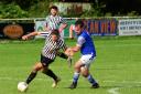 Action from Bow Street Reserves’ clash with Lland-rindod Wells Reserves. Picture by Beverley Hem-mings.