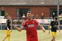 Aaron Williams celebrates his hat-trick against Caernarfon Town. Picture by Dave Evans.