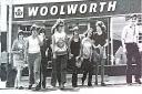 Woolworth staff depart the Newtown branch on a sponsored walk to Bettws Cedewain in 1974.
