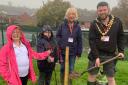 Bishop's Castle Primary School's Gardening Club members Evie and Josh with tree warden Sue Cooper and Mayor Cllr Josh Dickin at the planting of the Charter Oak.