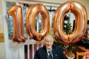 John Davies celebrating his 100th birthday at Trenewydd care home, near Brecon.