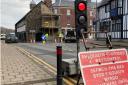 Traffic lights in Llanidloes town centre.