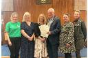 Ribble Valley Mayor Mark Hindle is pictured with, from the left, Ruth Thompson of the Ribble Valley Foodbank, Sue Bibby of the Ribble Valley Dementia Alliance, Ribble Valley Mayoress Tracey Whistlecraft and Sharon Ashley and Kimberley Lawrence of Pendle