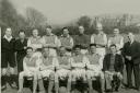 Welshpool Town team of 1946 / 47.We think the names are correct.    Back row: Bill Foulkes, Wyn Morgan, Ray Cadwalleder,Doug Morris, Owen Martin (Rico), Bill Rimmer,Tom Jones, Pryce Howells, Albert Phillips (Curly) Front row: Frank Cadwallader, Haydn