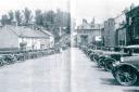 Over 30 cars in the town square at Montgomery on August 18, 1931, for the wedding of Betty Harmood-Banner from Caerhowel Hall, Montgomery. The bride's father, Sir Harmood-Banner, was mayor of Montgomery from 1928 to 1931.
