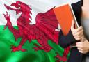 Learning Welsh language concept. Young woman standing with the Wales flag in the background. Teacher holding books, orange blank book cover..