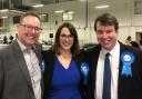 Russell George AM (left) alongside the new Welsh Conservative MP for Montgomeryshire, Craig Williams, and MP for Brecon & Radnorshire, Fay Jones, following the Powys General Election count in Builth Wells on the morning of Friday, December 13.