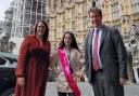 Newtown's Miss Junior Teen GB finalist Scarlett Davies with Brecon and Radnorshire MP Fay Jones and Montgomeryshire MP Craig Williams outside the Houses of Parliament and Big Ben