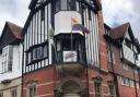 The Pride flag outside of Brisco House building at the corner of Broad Street and Severn Street.
