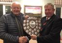 John Saer (left) pictured receiving the Brecon and Radnor County Golf Union Handicap League for 2018 on behalf of Builth Wells Golf Club. Pic: Builth Wells Golf Club