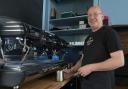 Wil Wild with the crowdfunded coffee machine at The Wild Oak Cafe in Llanidloes