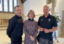 Philip Jones Builders contract manager Nick Trigg,, Rector of Newtown, Revd Canon Nia Wyn Morris and project manager Darren King inside the newly refurbished All Saints Church in Newtown
