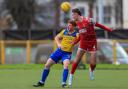 Action from Newtown's defeat at Barry Town United. Picture by Perry Dobbins.